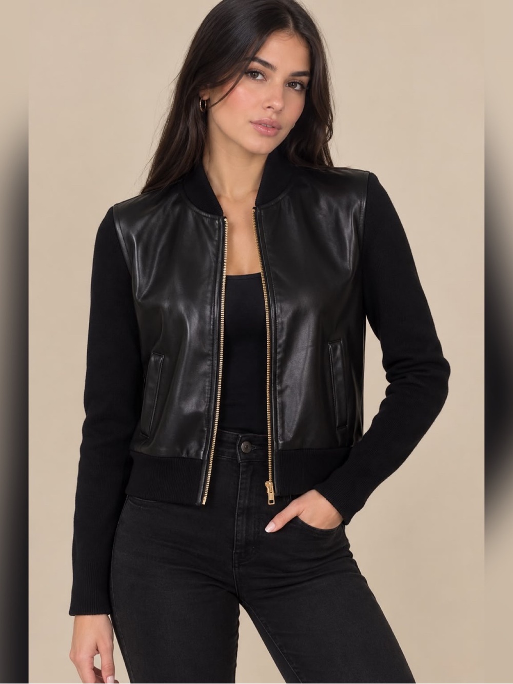 Black Mixed-Media Women's Bomber Jacket with Gold Zip